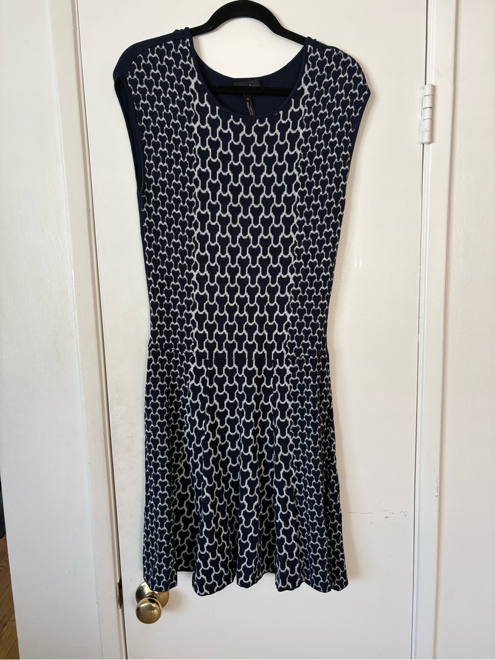 Laundry By Shelli Segal Navy and White Geometric Fit-and-Flare Dress Size M